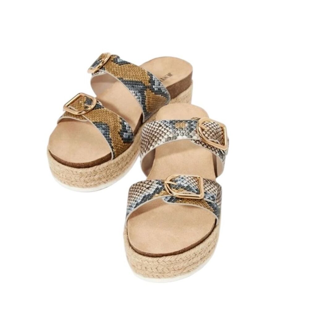 JustFab Women's Cisale Double Snake Print Strap with Buckle Jute Platform Sandal